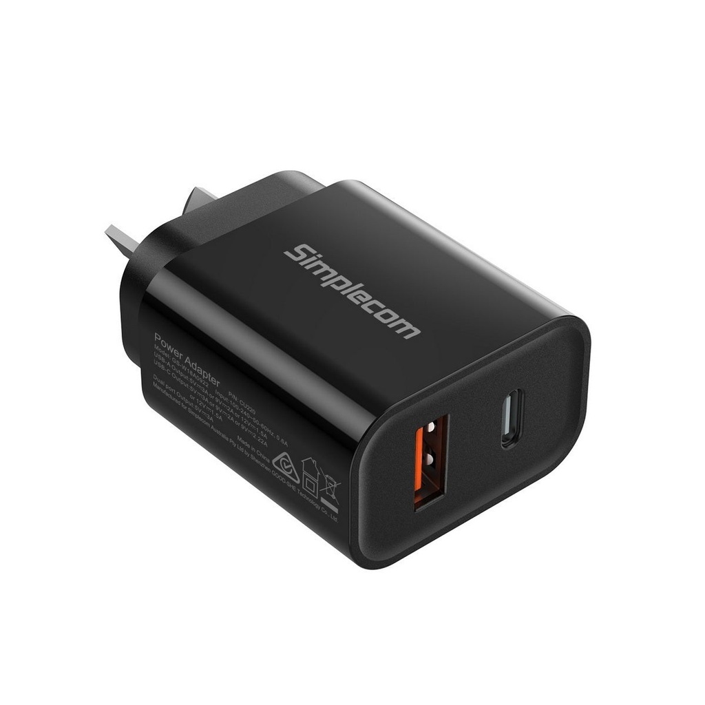[CU220] Simplecom CU220 Dual Port PD 20W Fast Wall Charger USB-C + USB-a for Phone Tablet